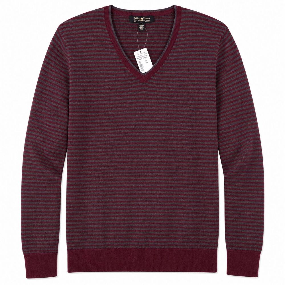 Pronto Uomo V-Neck Sweater Men's XL Merino Wool Burgundy Gray Striped Knit